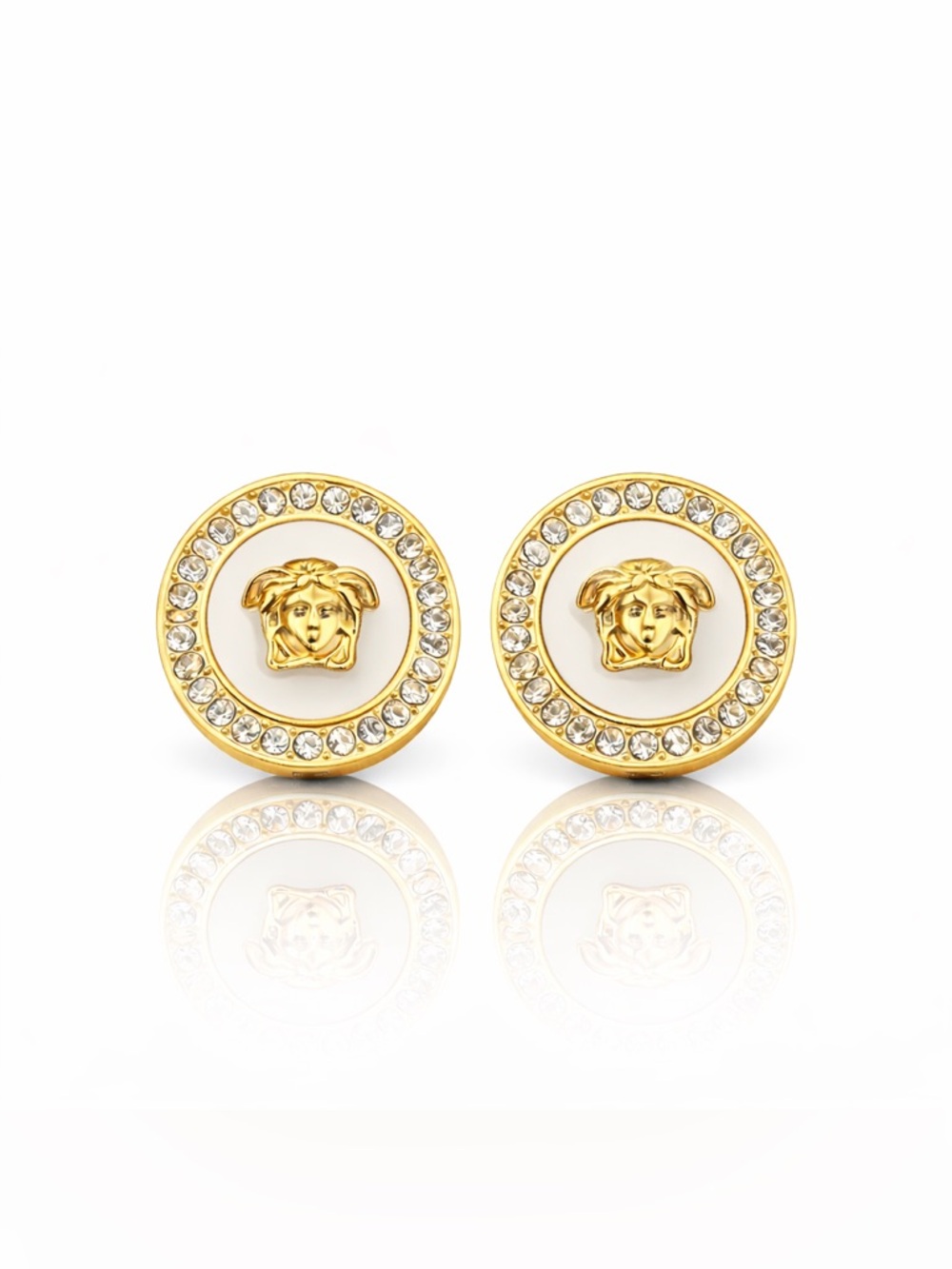 Gold and White Medusa Crystal Button Earrings